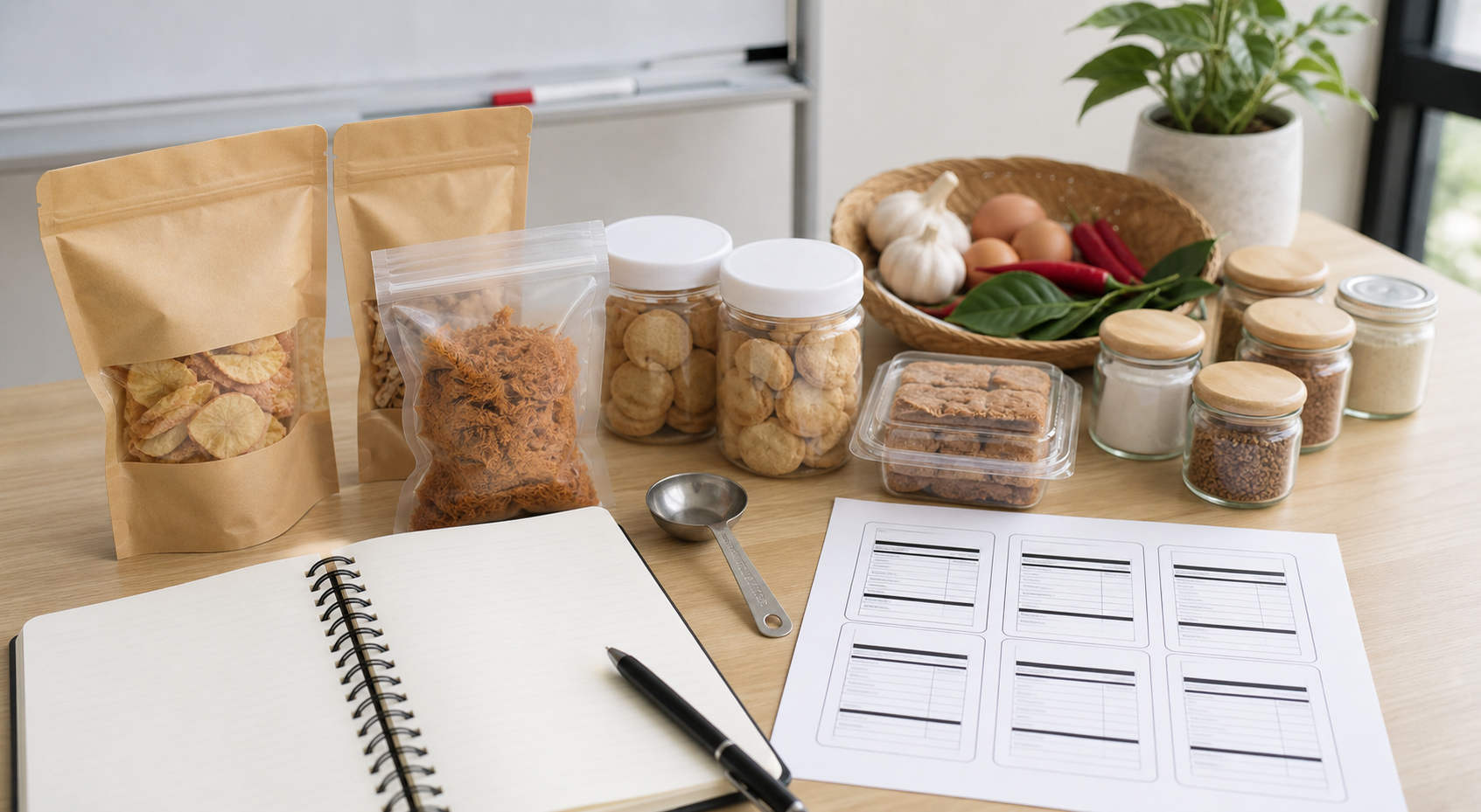 Food product launch clinic tabletop with packaged food prototypes and ingredients